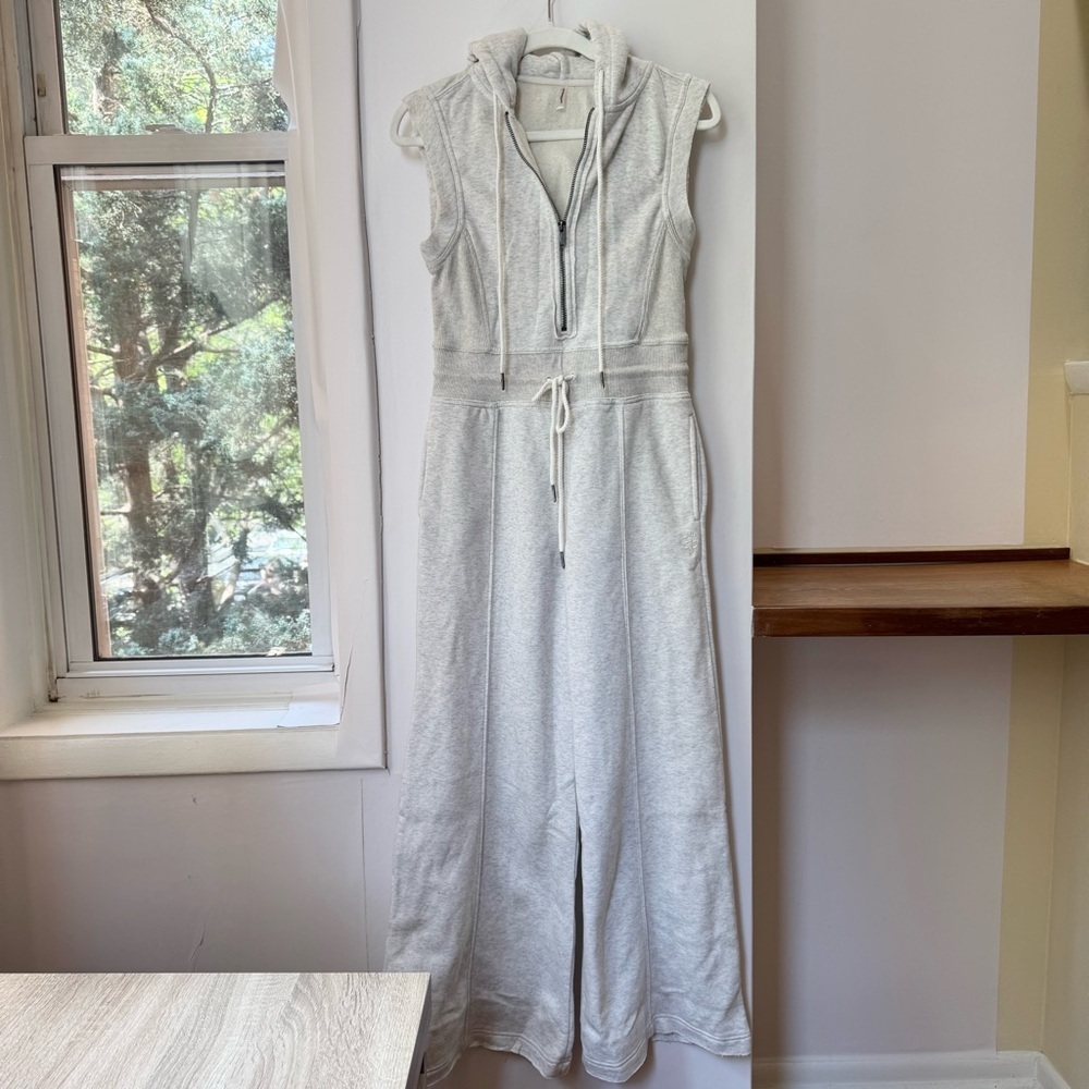 New Free People Movement Hooded Wide-Leg Jumpsuit Sweat Makin It Grey XS
